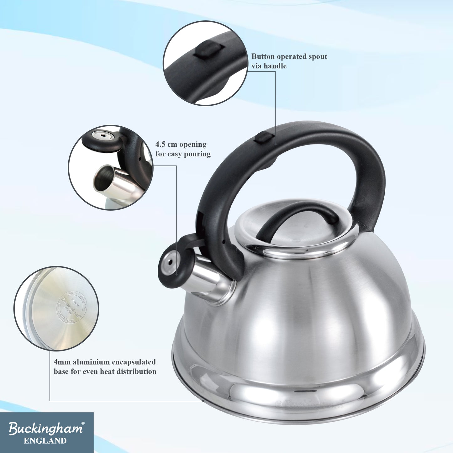 Buckingham Stainless Steel Stovetop Kettle Easy Grip Handle 3 Litre