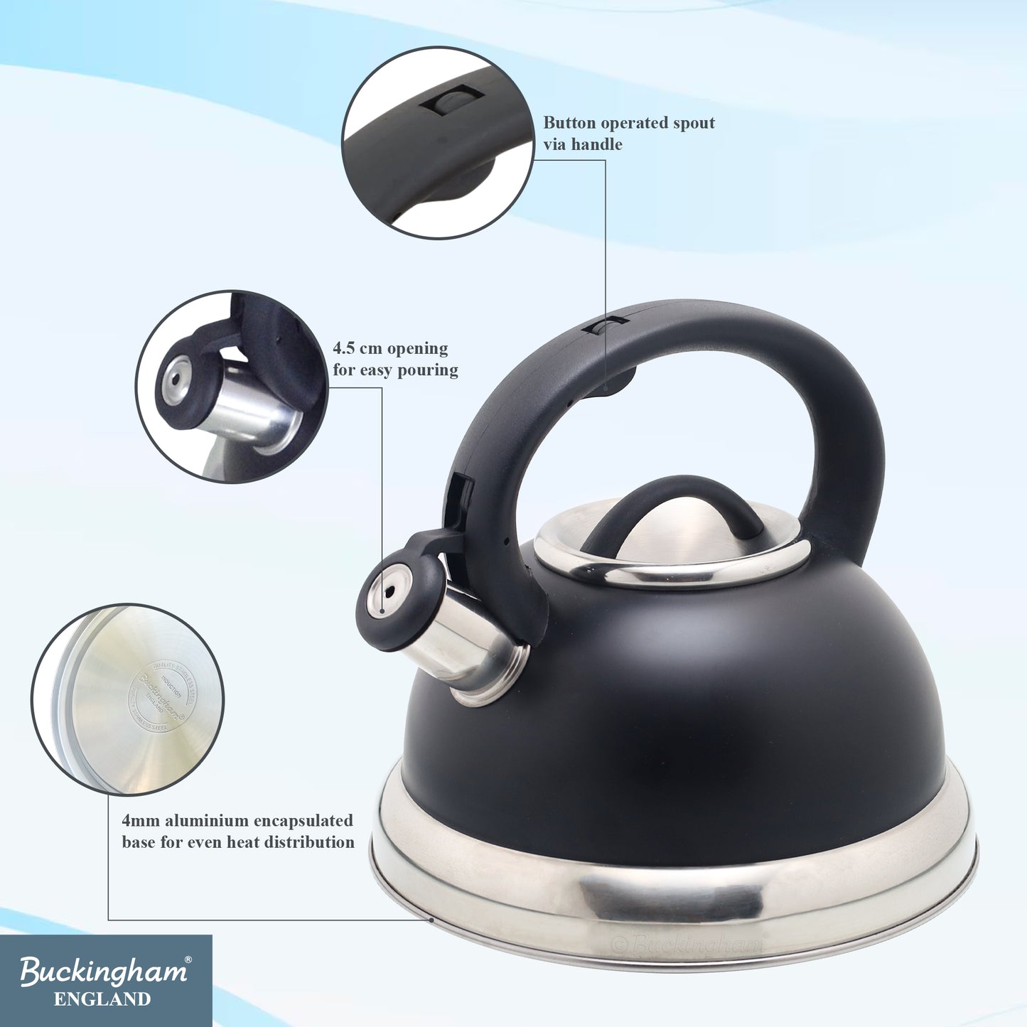Buckingham Stainless Steel Stovetop Kettle Easy Grip Handle 3 Litre