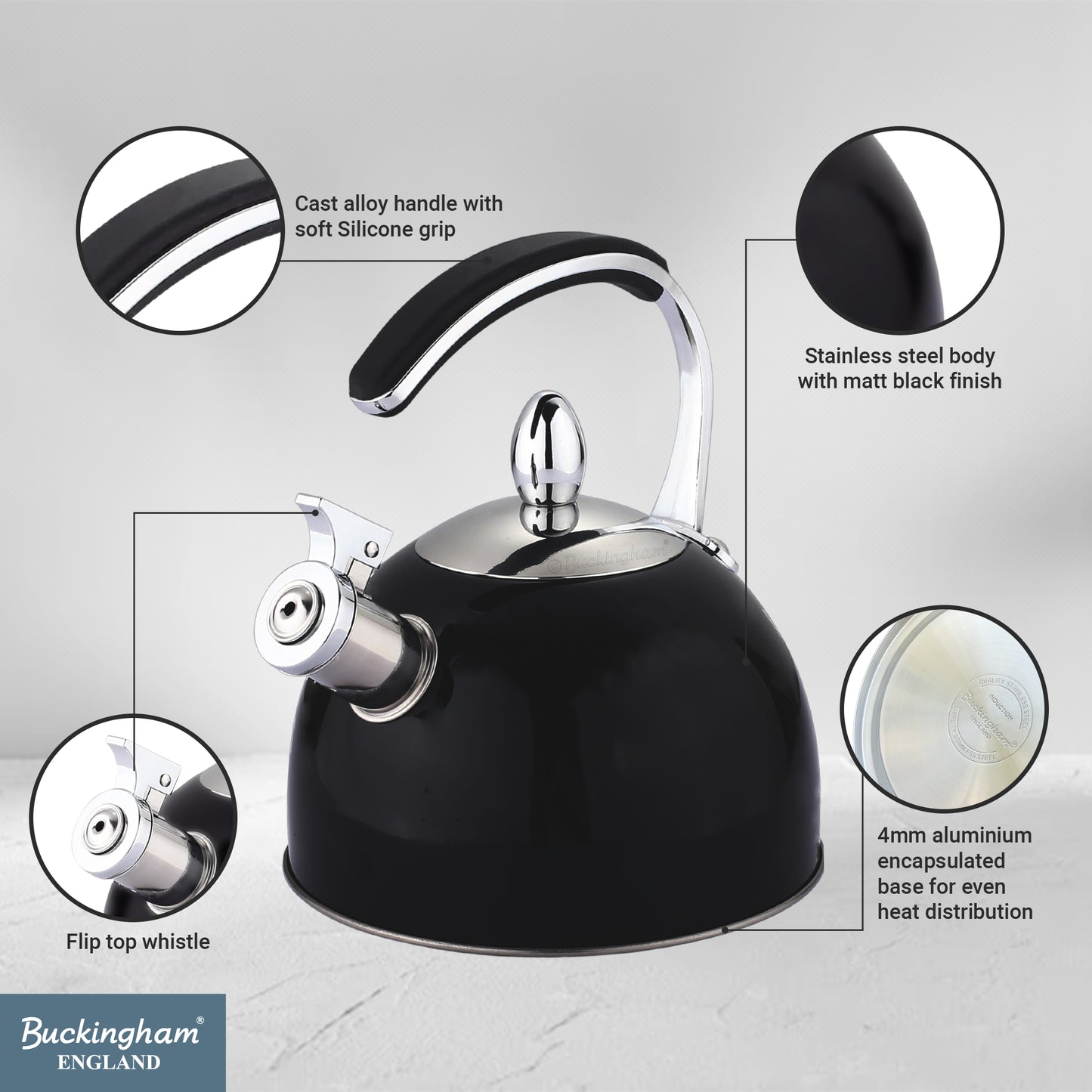 Buckingham Stainless Steel Stovetop Whistling Kettle with Soft Touch Silicon Handle 2 Litre