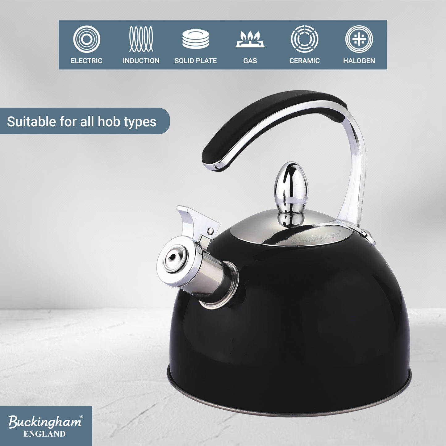 Buckingham Stainless Steel Stovetop Whistling Kettle with Soft Touch Silicon Handle 2 Litre