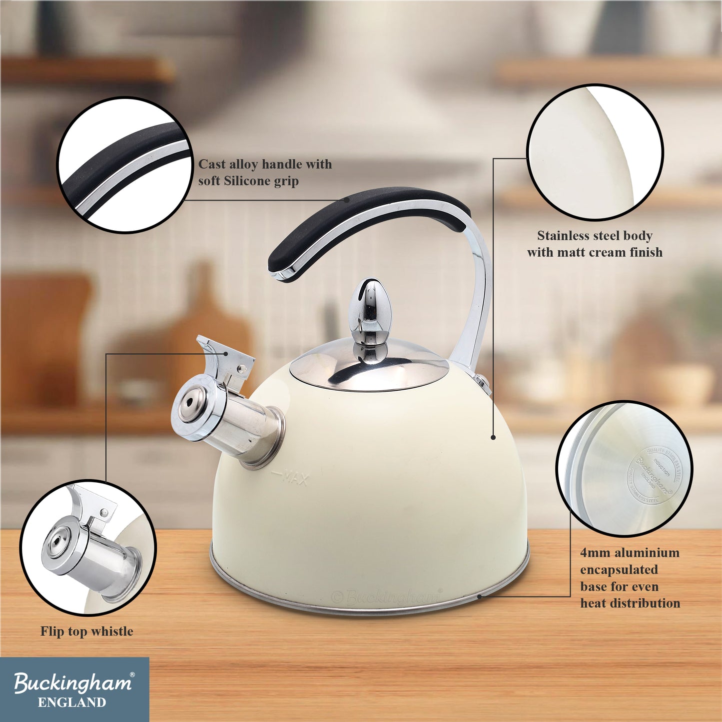 Buckingham Stainless Steel Stovetop Whistling Kettle with Soft Touch Silicon Handle 2 Litre