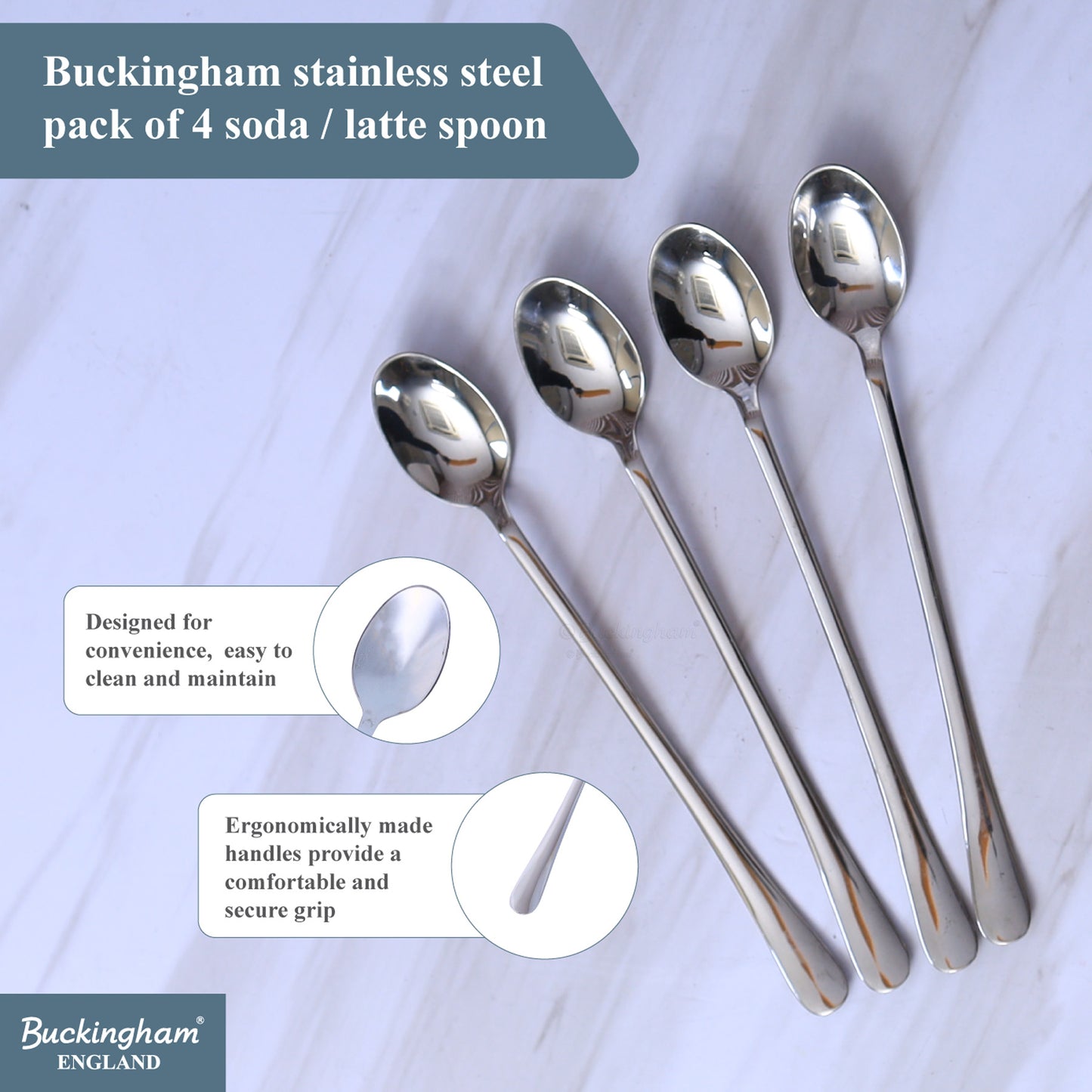 Buckingham Stainless Steel Spoons Set of 4  Iced tea Spoons Long Handle 20 cm
