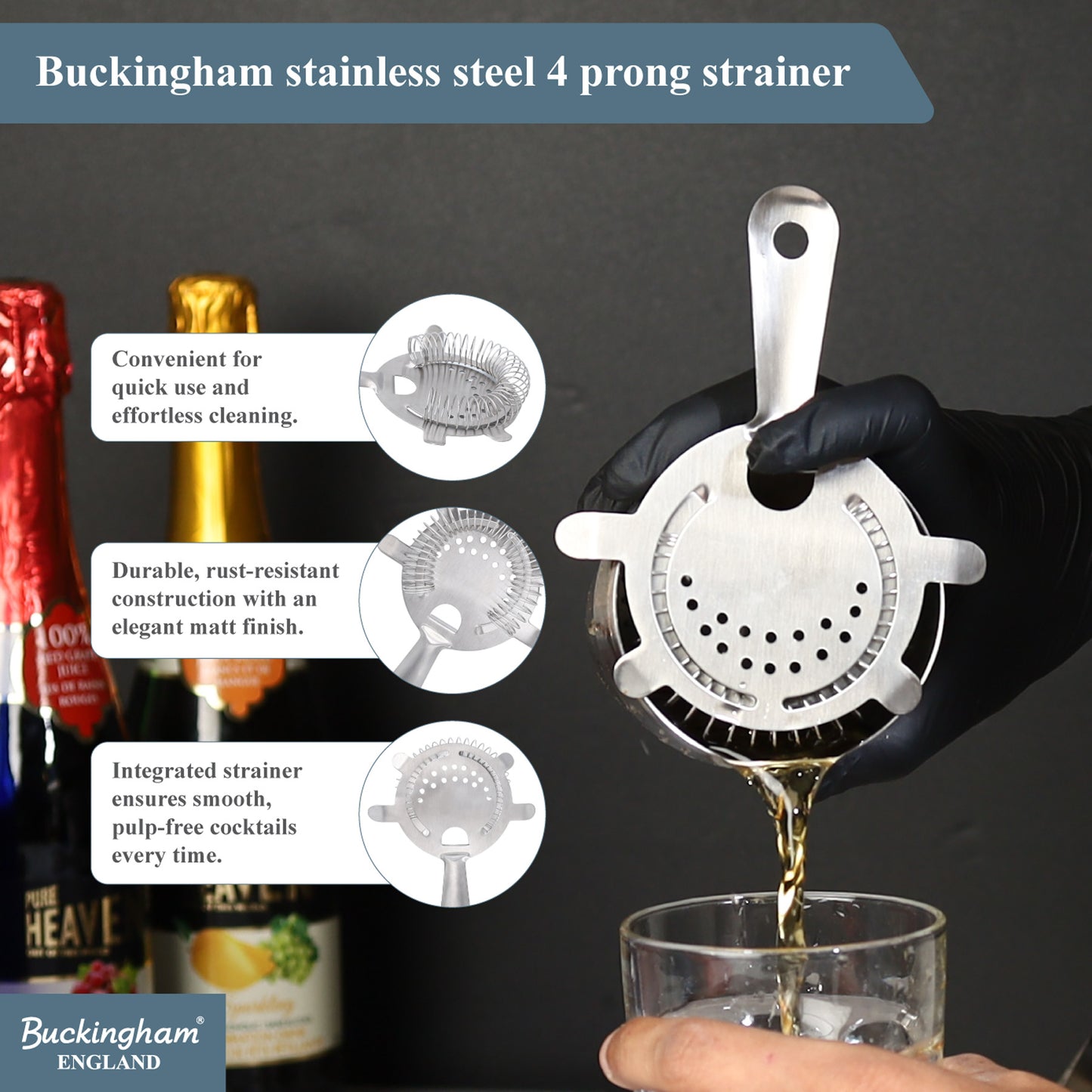 Buckingham Stainless Steel 4 Prong Hawthorne Cocktail Strainer 15 cm