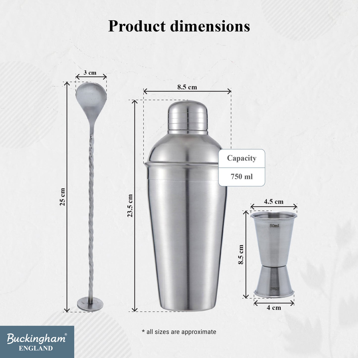 Buckingham 3 Piece Stainless Steel Bar Set (25 / 50 ml)