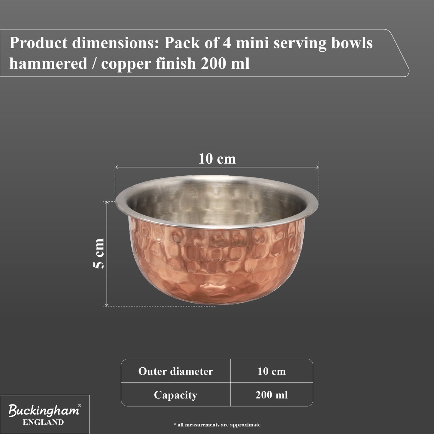 Buckingham Set of 4 Mini Hammered Copper Serving Bowls – 10 cm