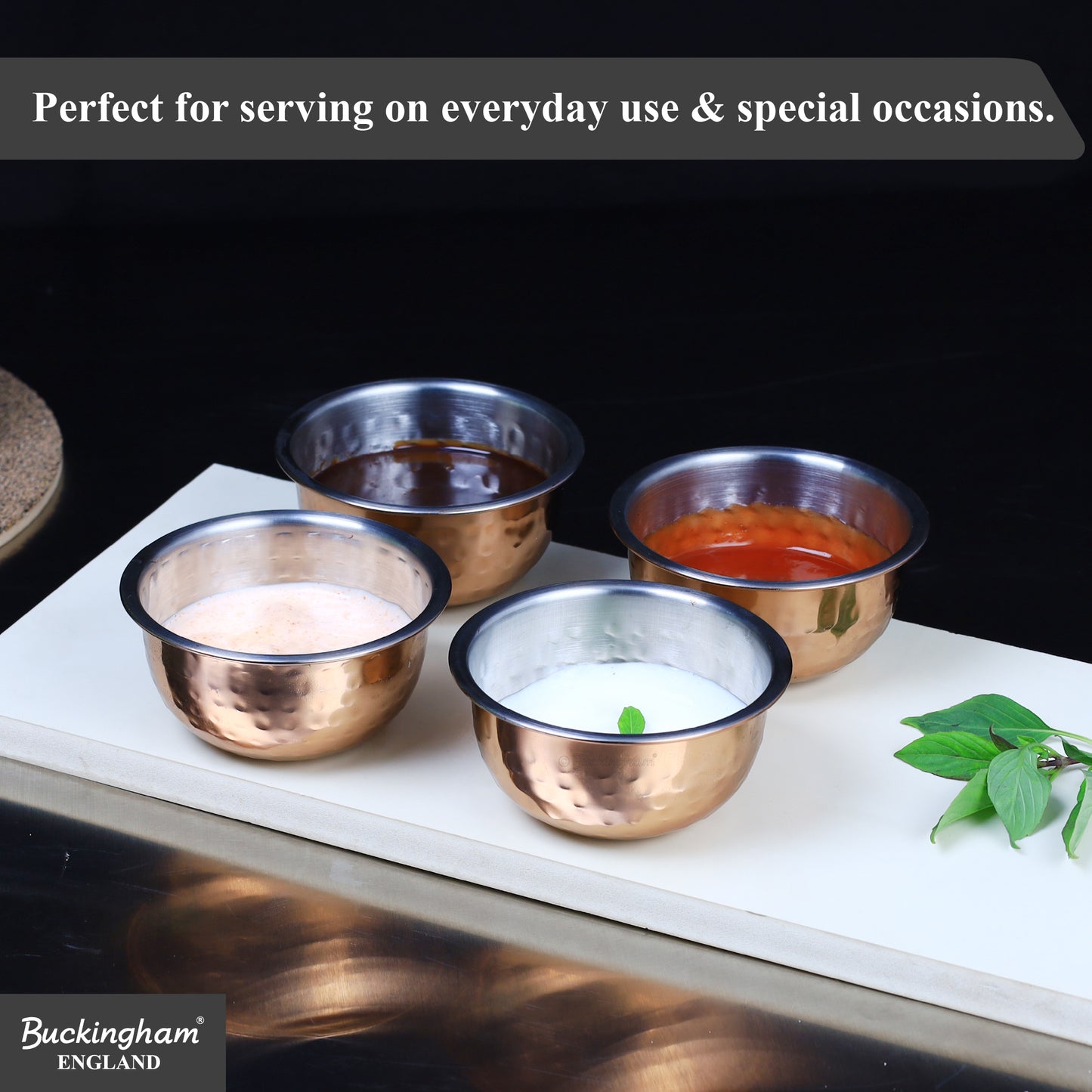 Buckingham Set of 4 Mini Hammered Copper Serving Bowls – 10 cm