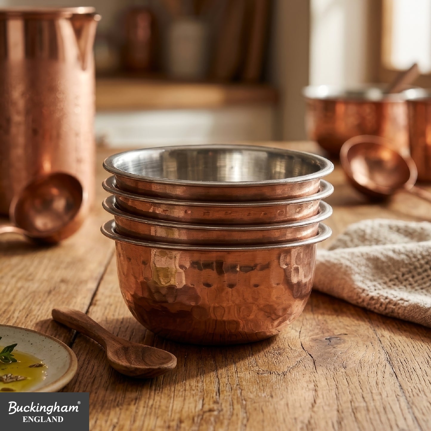 Buckingham Set of 4 Mini Hammered Copper Serving Bowls – 10 cm