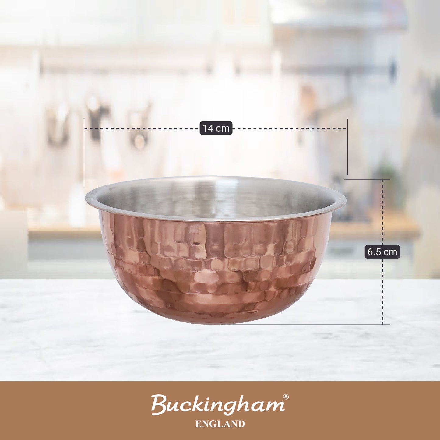 Buckingham Pack of 2 Mixing Bowls Stainless Steel with Hammered Copper Finish 0.7 L 14 cm