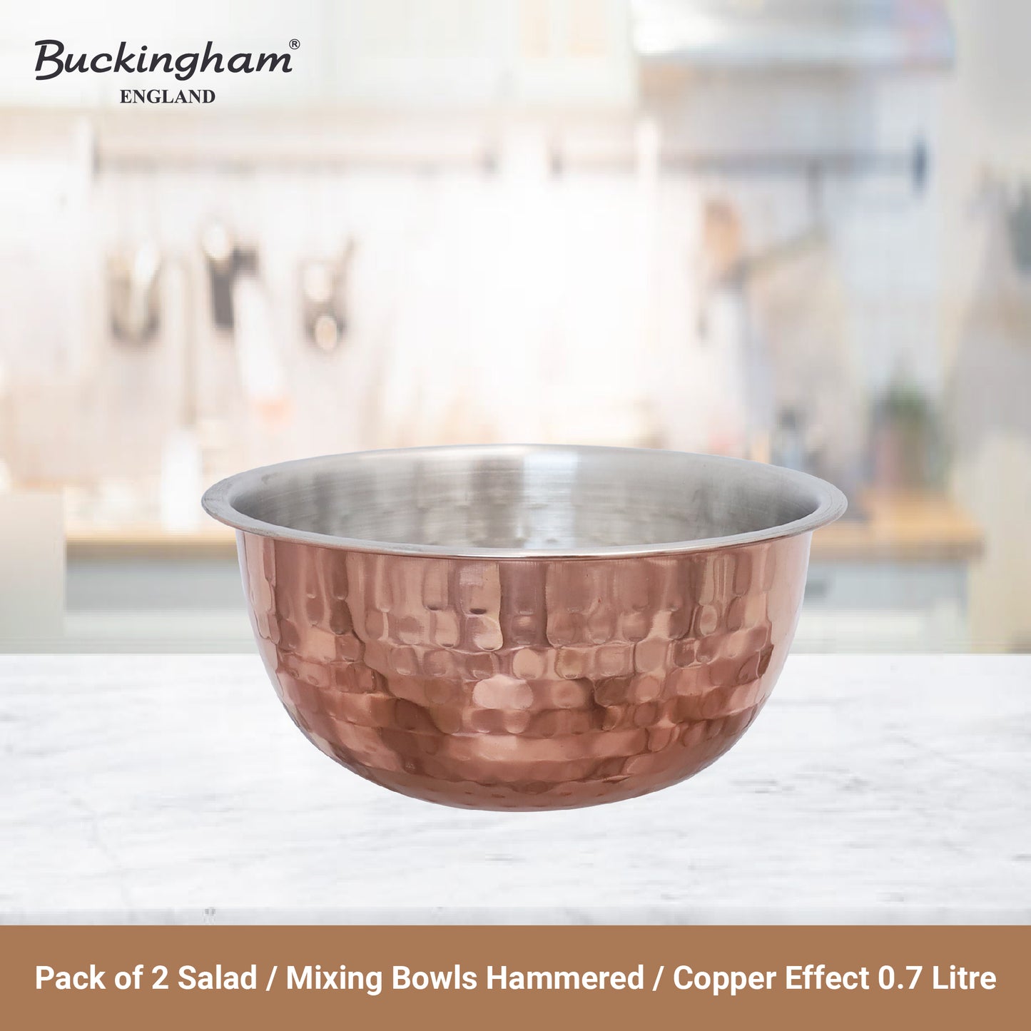 Buckingham Pack of 2 Mixing Bowls Stainless Steel with Hammered Copper Finish 0.7 L 14 cm