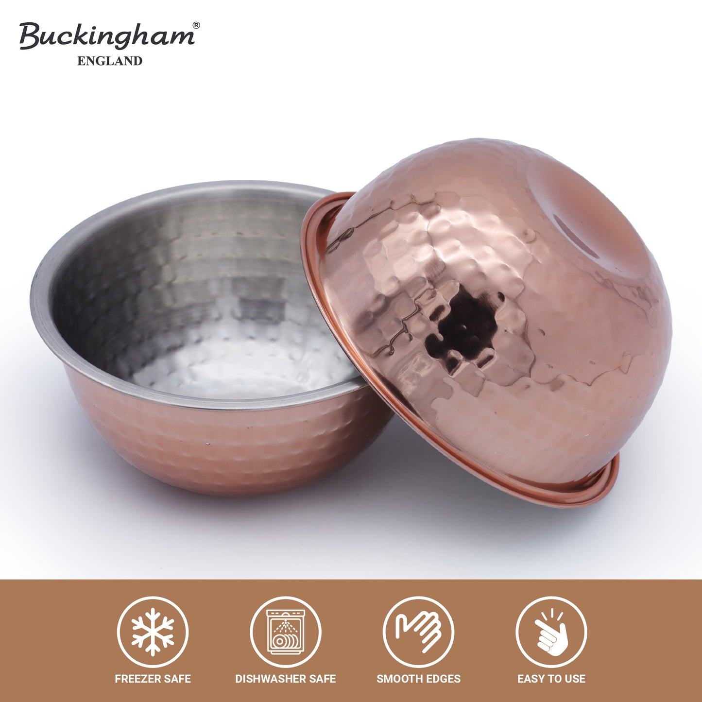 Buckingham Pack of 2 Mixing Bowls Stainless Steel with Hammered Copper Finish 0.7 L 14 cm