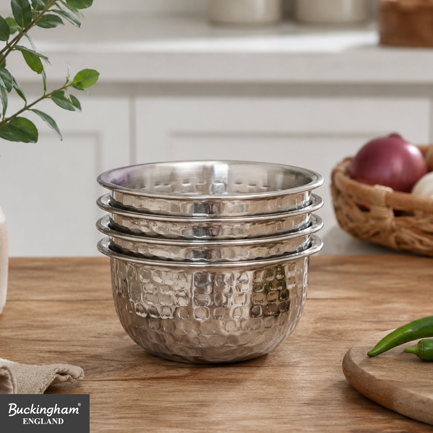 Buckingham Stainless Steel Pack of 4 Mini Serving Bowls Hammered Effect 0.2 L 10 cm