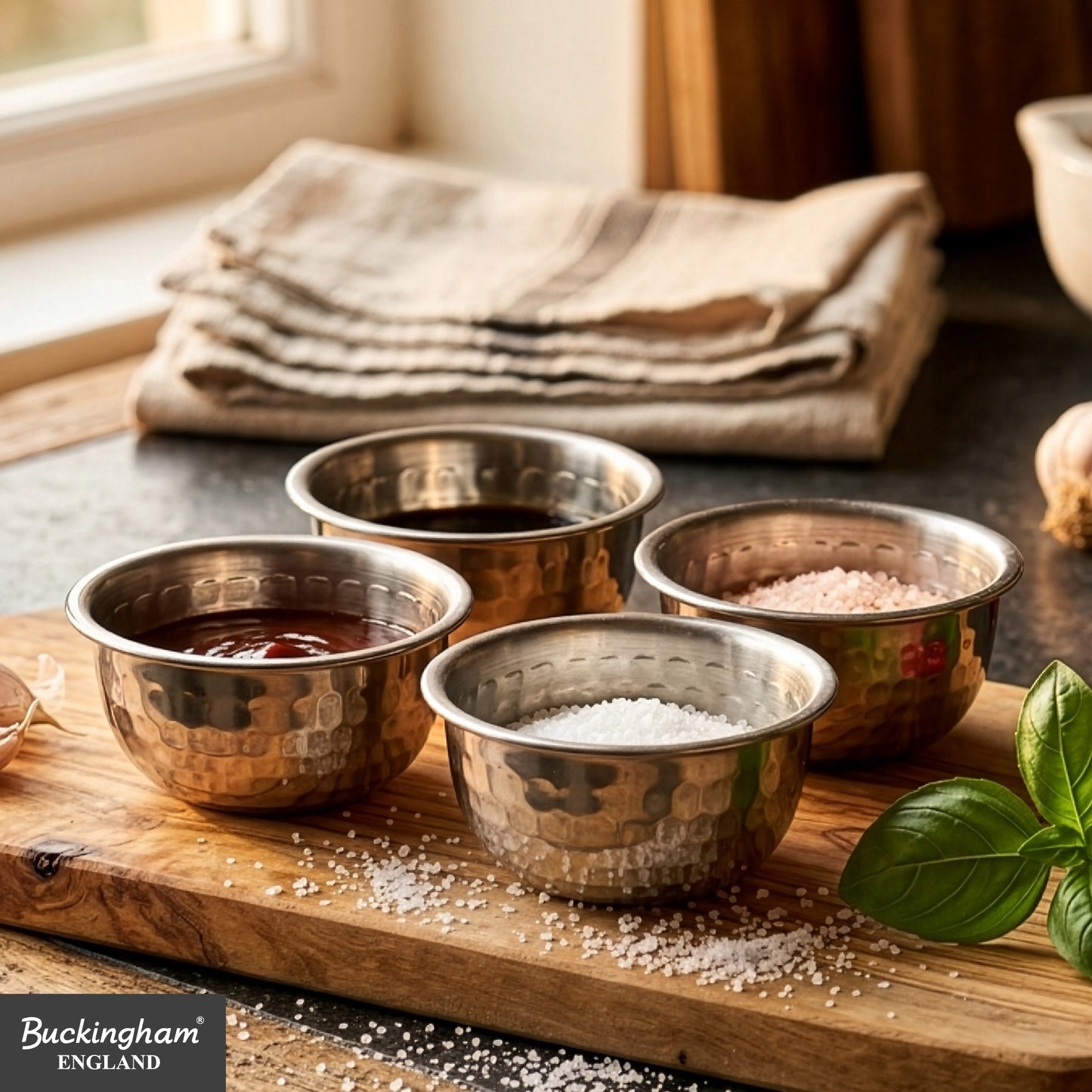Buckingham Stainless Steel Pack of 4 Mini Serving Bowls Hammered Effect 0.2 L 10 cm