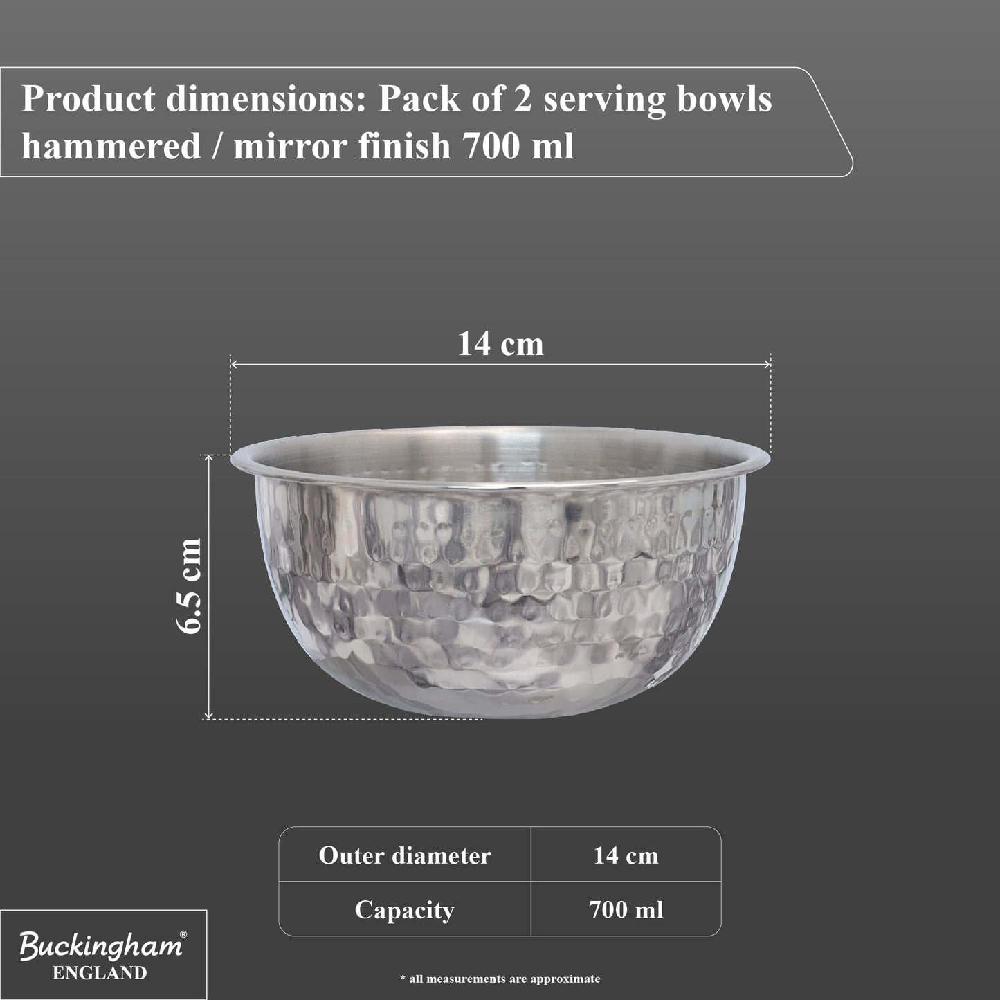 Buckingham Pack of 2 Salad Mixing Bowls Stainless Steel Bowls with Hammered Effect 0.7 L 14 cm