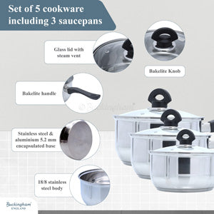 Buckingham Stainless Steel 5 Piece Pan Set Glass Lid with Bakelite Handle