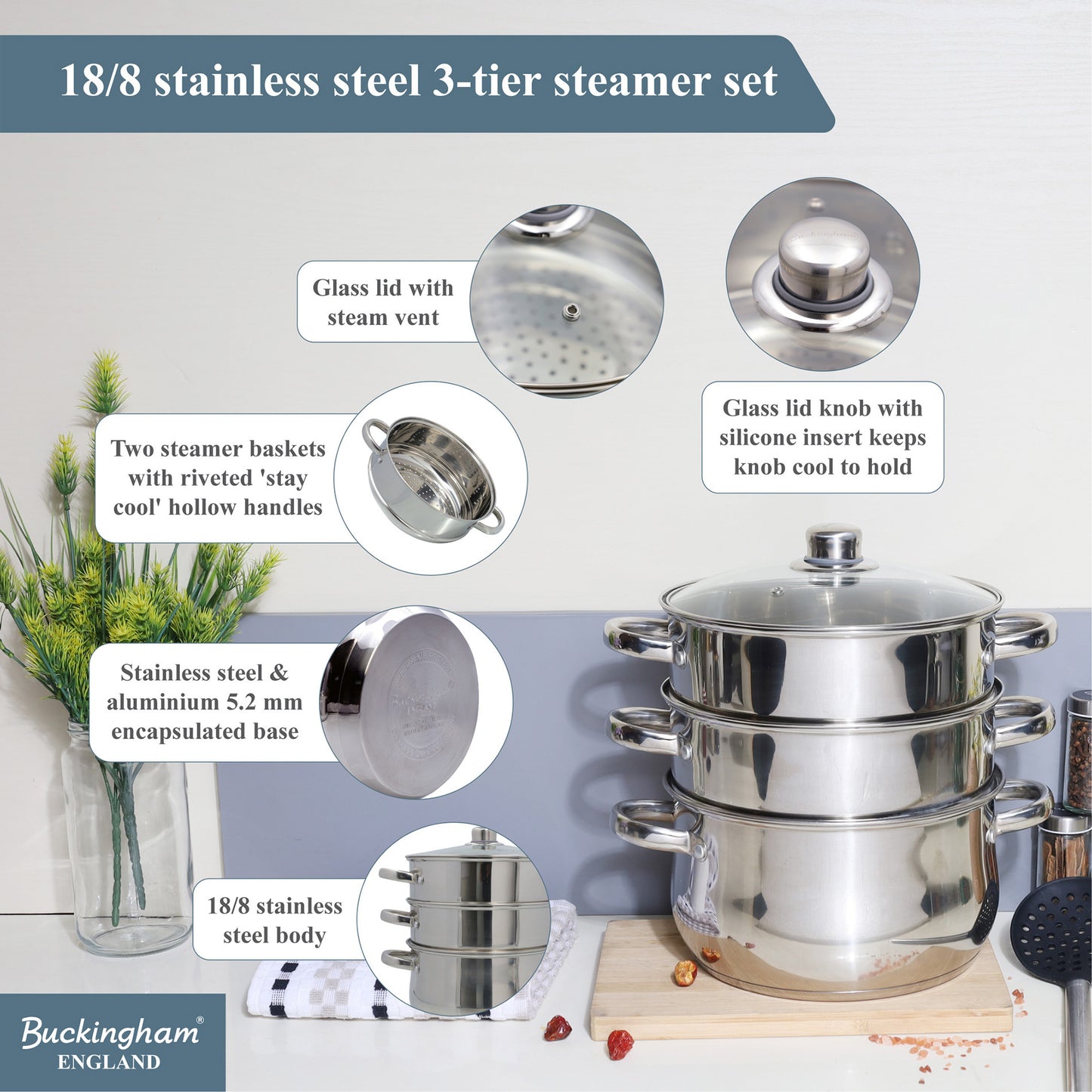 Buckingham Stainless Steel 3 Tier Steamer Set with Glass Lid
