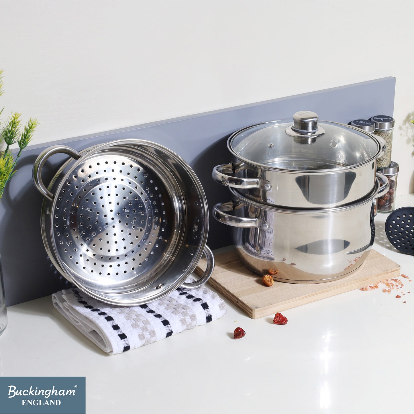 Buckingham Stainless Steel 3 Tier Steamer Set with Glass Lid