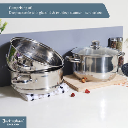 Buckingham Stainless Steel 3 Tier Steamer Set with Glass Lid