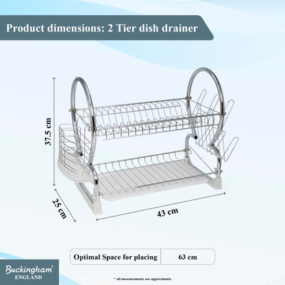 Buckingham 2 Tier Dish Drainer with Drip Removable Tray Chrome Plated