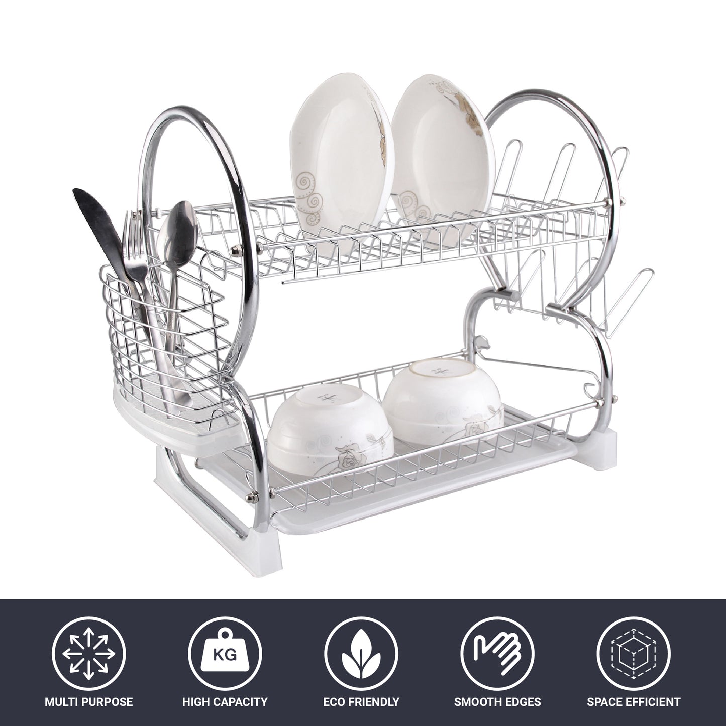 Buckingham 2 Tier Dish Drainer with Drip Removable Tray Chrome Plated