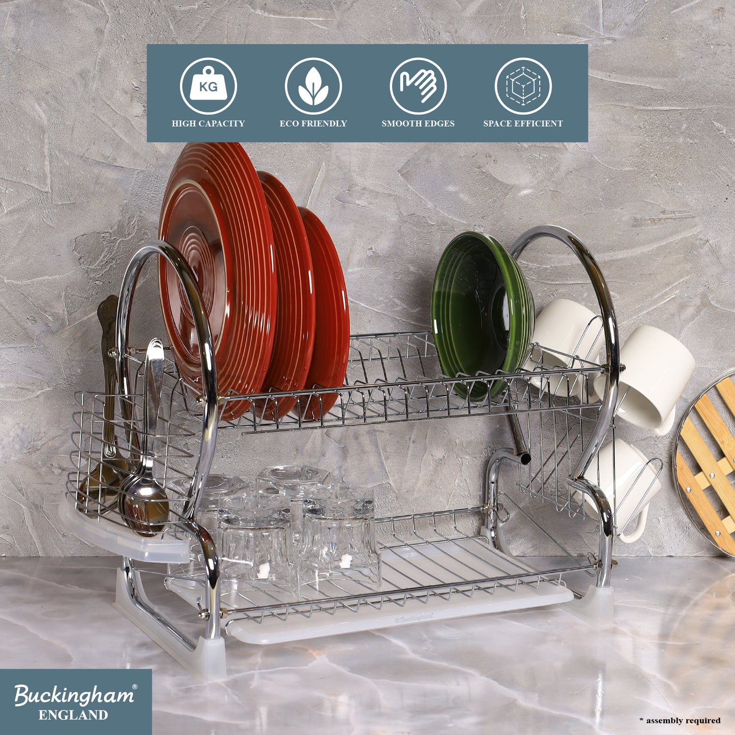 Buckingham 2 Tier Dish Drainer with Drip Removable Tray Chrome Plated