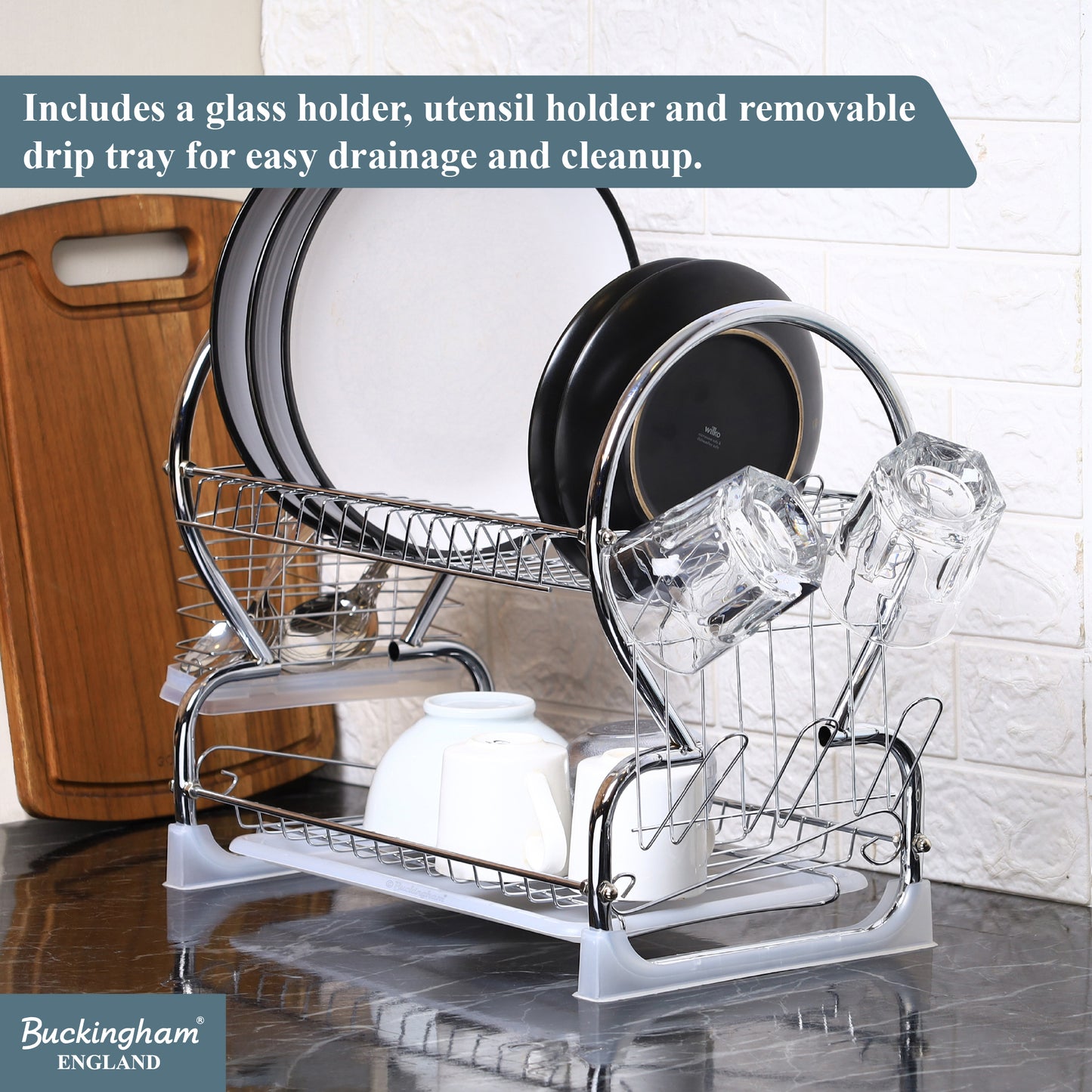 Buckingham 2 Tier Dish Drainer with Drip Removable Tray Chrome Plated