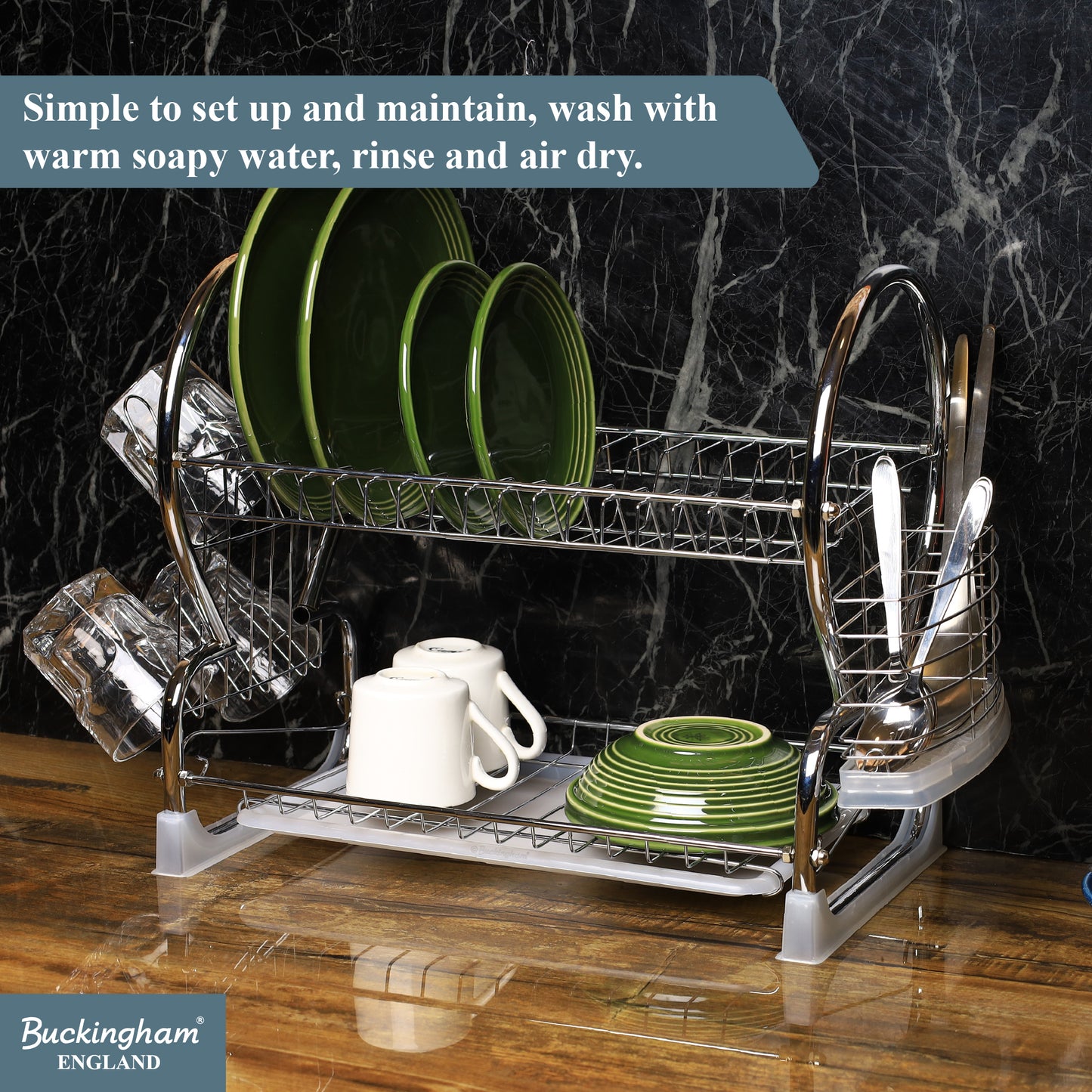 Buckingham 2 Tier Dish Drainer with Drip Removable Tray Chrome Plated