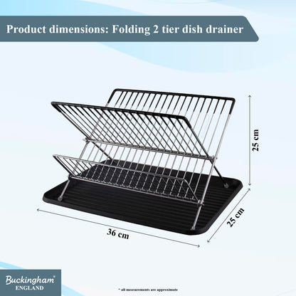 Buckingham Folding 2 Tier Dish Drainer Rack with Removable Drip Tray