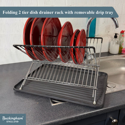Buckingham Folding 2 Tier Dish Drying Rack with Removable Drip Tray