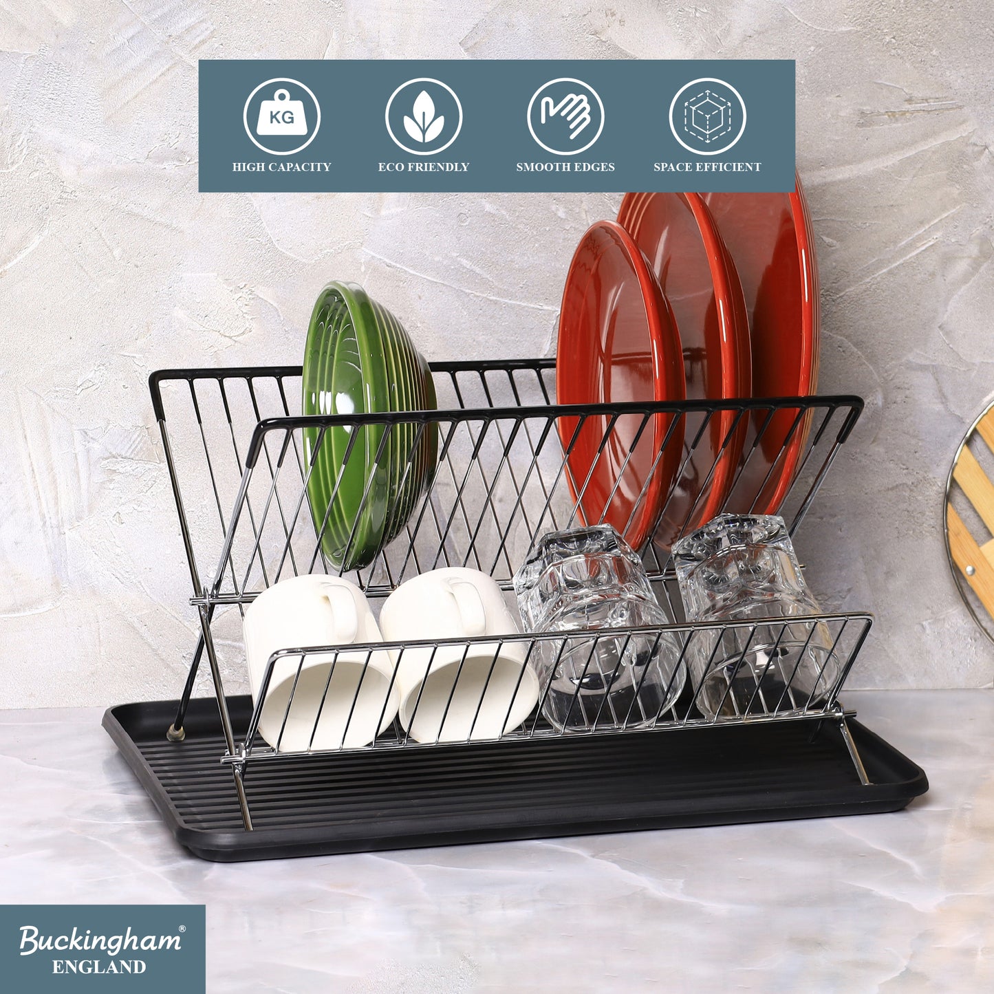 Buckingham Folding 2 Tier Dish Drying Rack with Removable Drip Tray