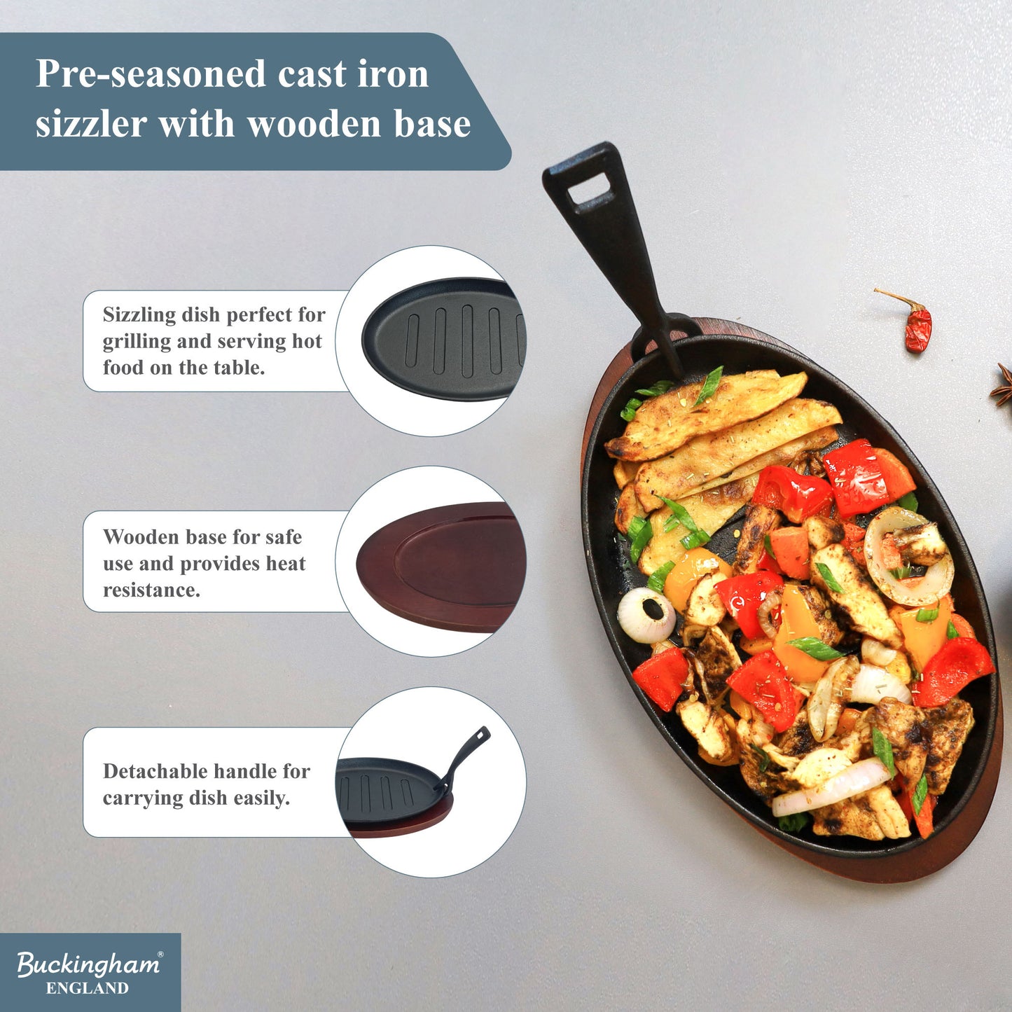 Buckingham Cast Iron Sizzling Dish Steak Platter with wooden base