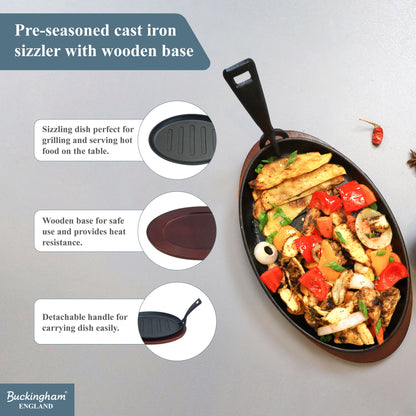 Buckingham Cast Iron Sizzling Dish Steak Platter with wooden base