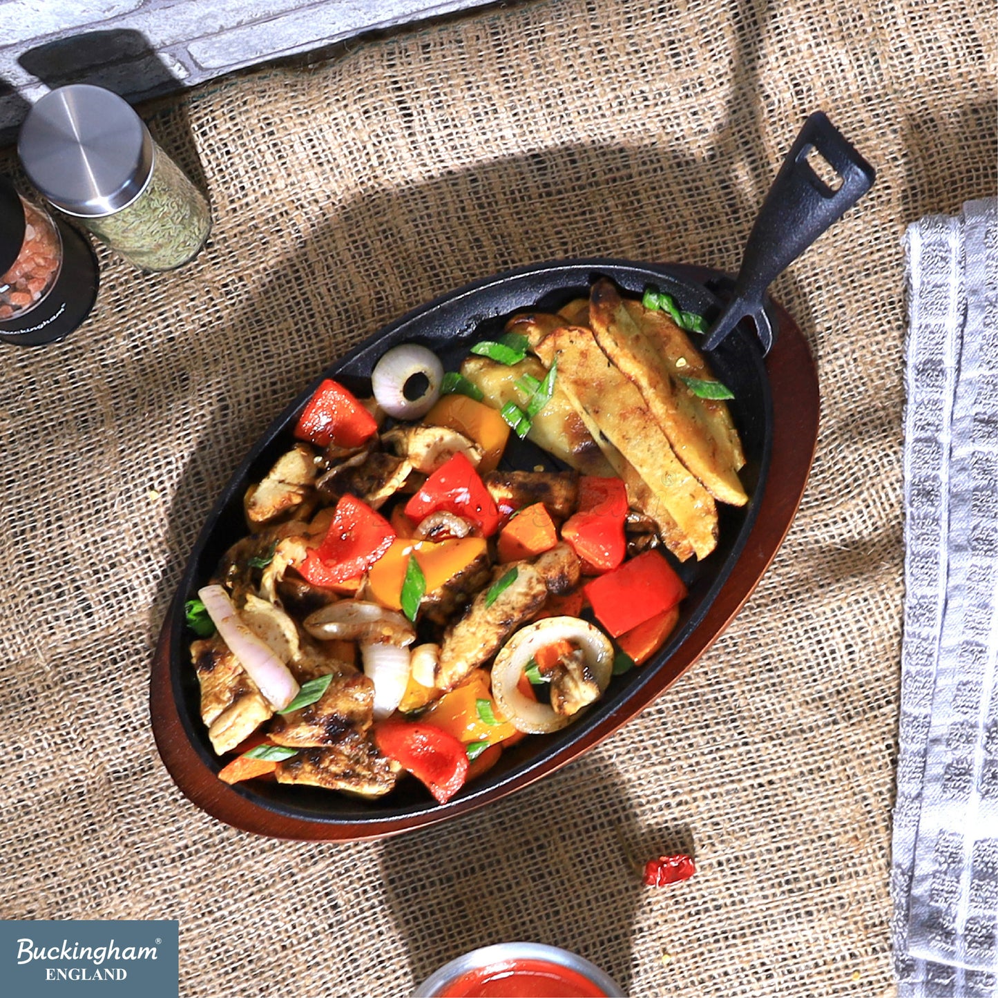 Buckingham Cast Iron Sizzling Dish Steak Platter with wooden base