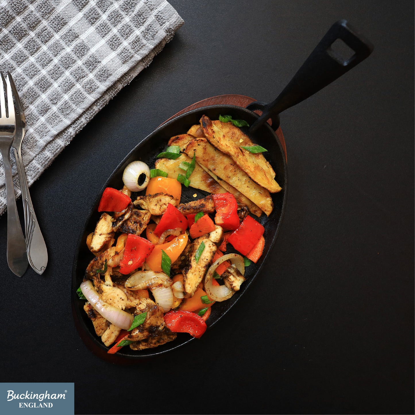 Buckingham Cast Iron Sizzling Dish Steak Platter with wooden base