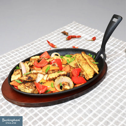 Buckingham Cast Iron Sizzling Dish Steak Platter with wooden base