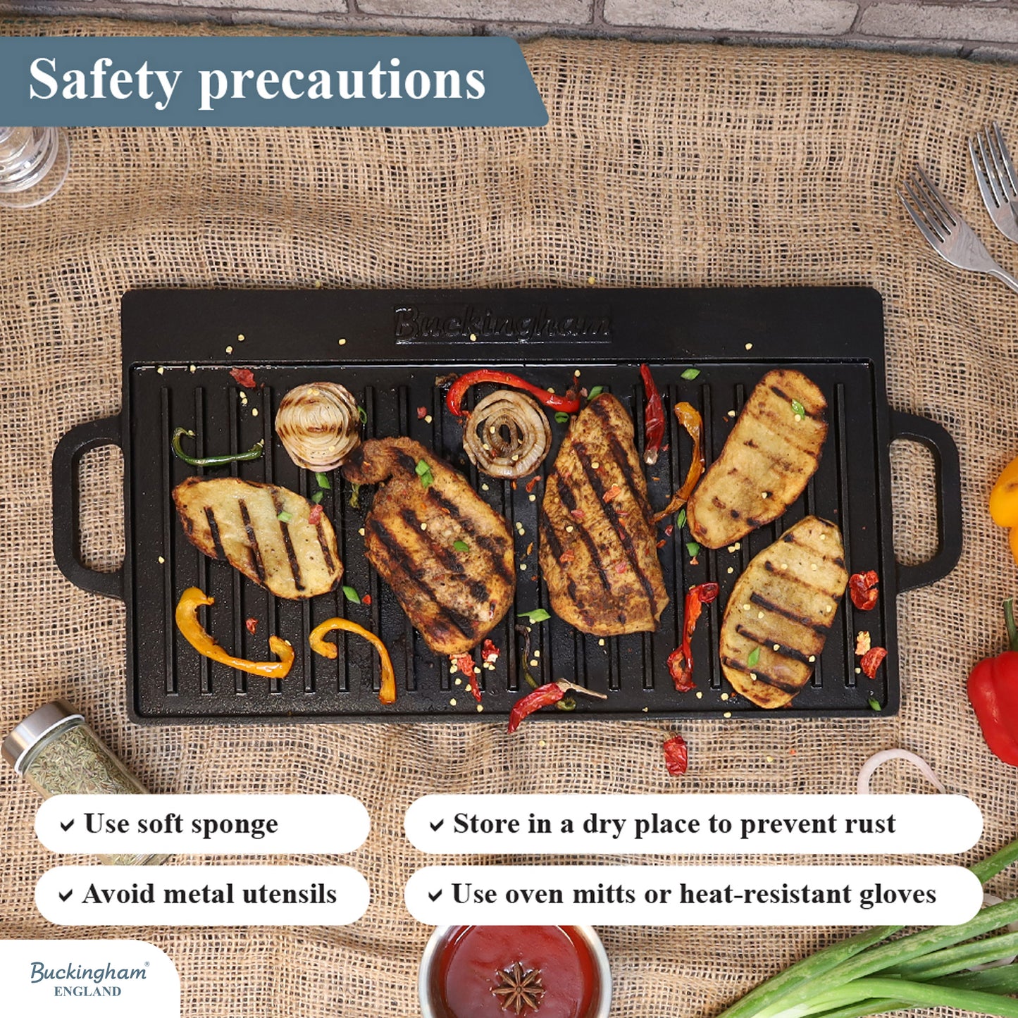 Buckingham Pre-Seasoned Cast Iron Reversible Grill Plate 50 cm