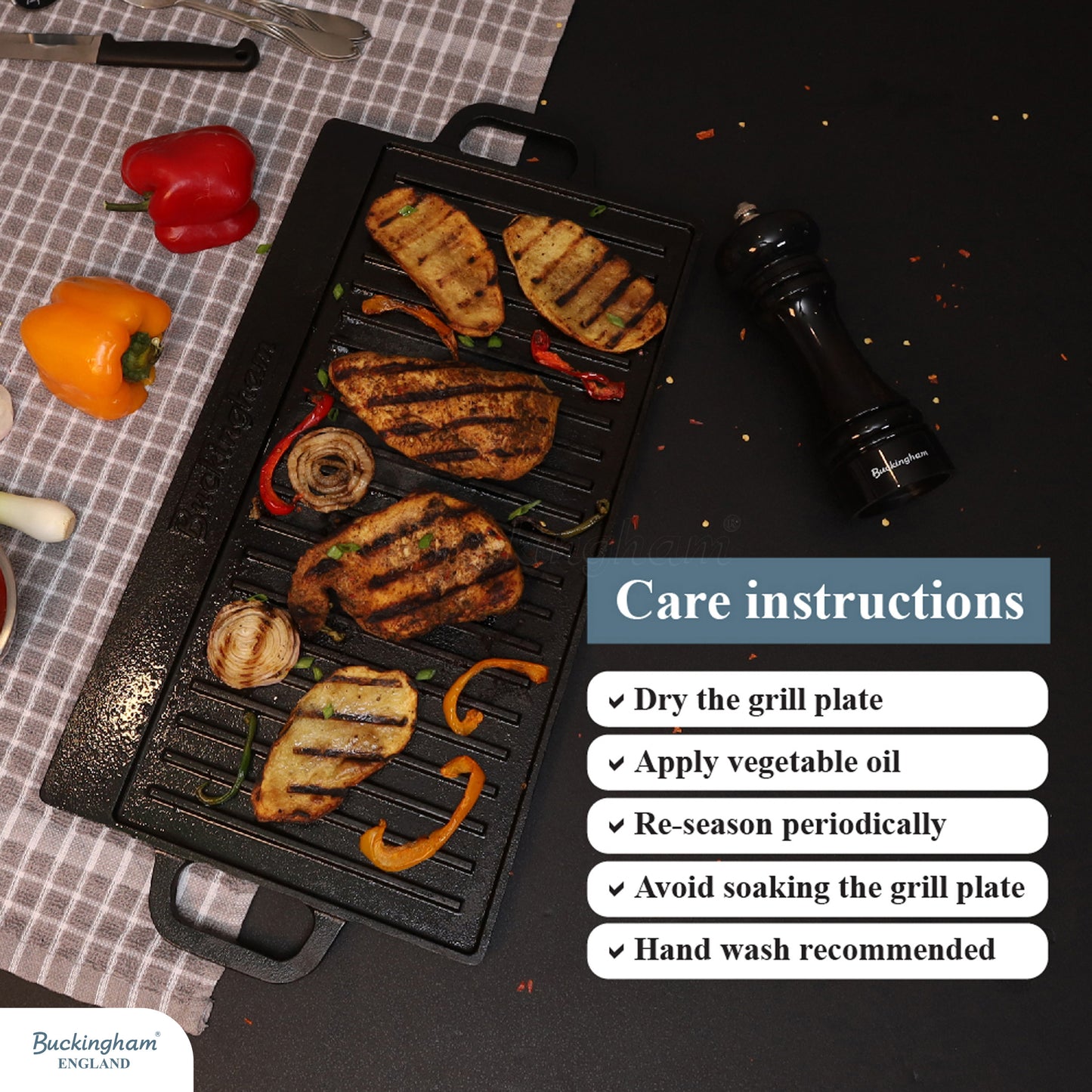 Buckingham Pre-Seasoned Cast Iron Reversible Grill Plate 50 cm