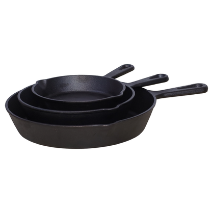Buckingham Pre-Seasoned Cast Iron Skillet Set of 3 Frying Pan 16 cm, 20 cm & 25 cm