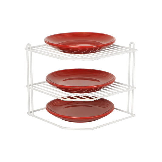 Buckingham 3 Tier Corner Shelf Plate Rack White Chrome and Black 23 cm