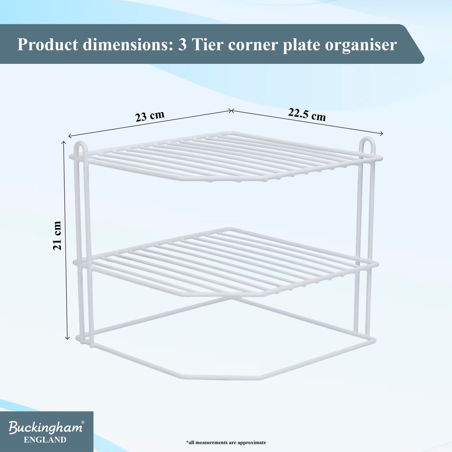 Buckingham 3 Tier Corner Shelf Plate Rack White Chrome and Black 23 cm