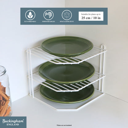 Buckingham 3 Tier Corner Shelf Plate Rack White Chrome and Black 23 cm