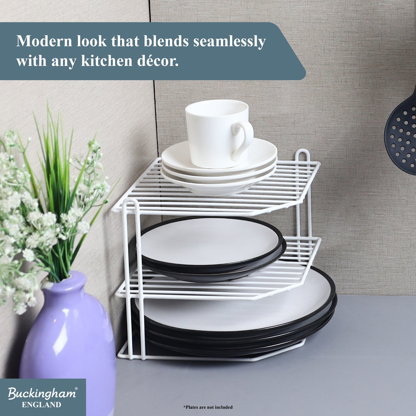 Buckingham 3 Tier Corner Shelf Plate Rack White Chrome and Black 23 cm