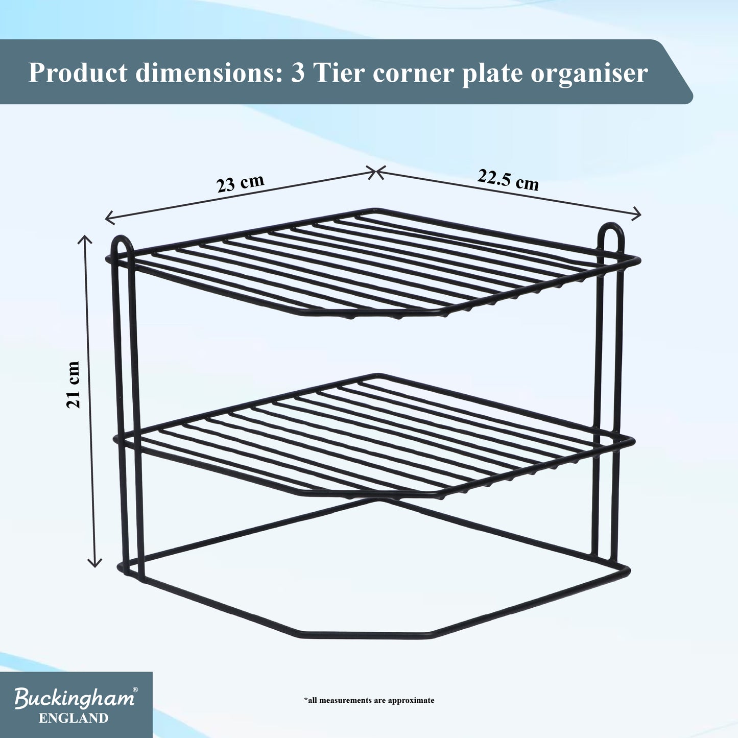 Buckingham 3 Tier Corner Shelf Plate Rack White Chrome and Black 23 cm