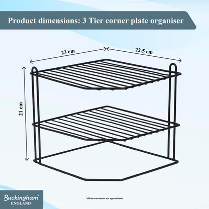Buckingham 3 Tier Corner Shelf Plate Rack White Chrome and Black 23 cm