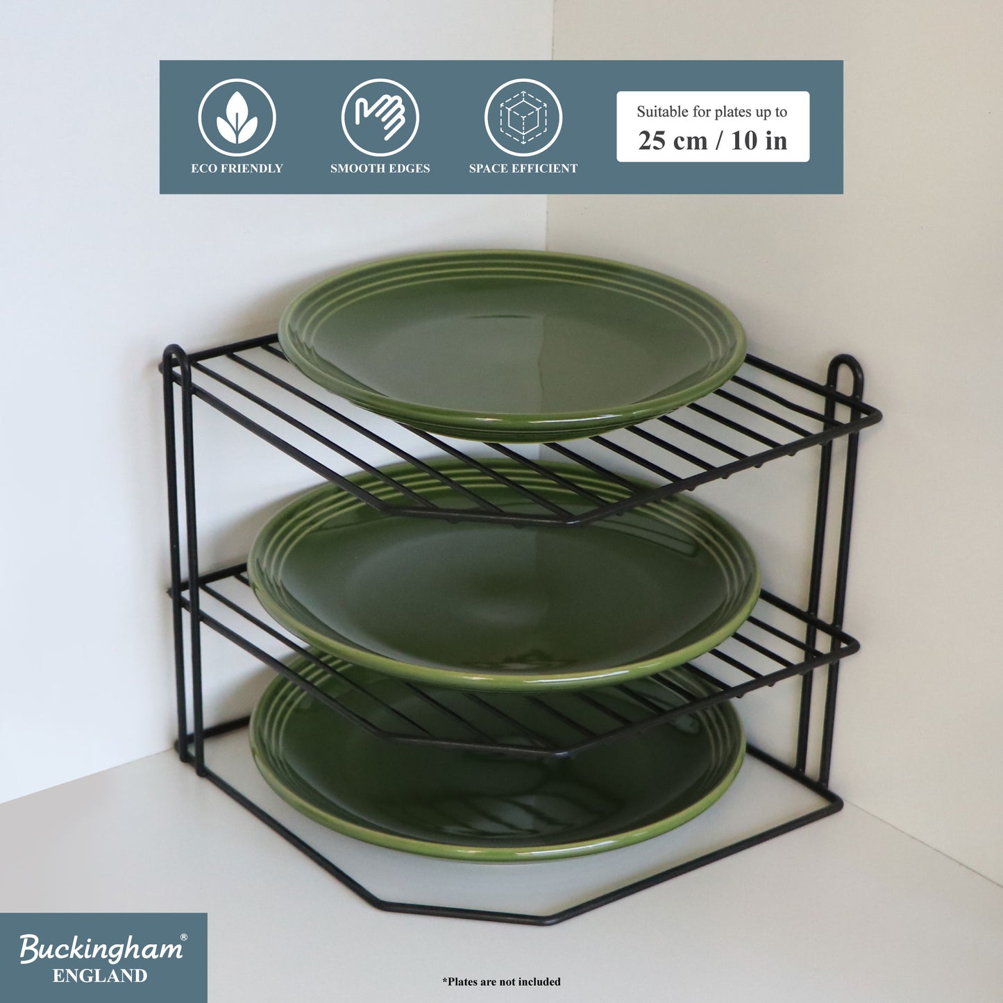 Buckingham 3 Tier Corner Shelf Plate Rack White Chrome and Black 23 cm
