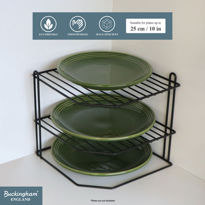 Buckingham 3 Tier Corner Shelf Plate Rack White Chrome and Black 23 cm