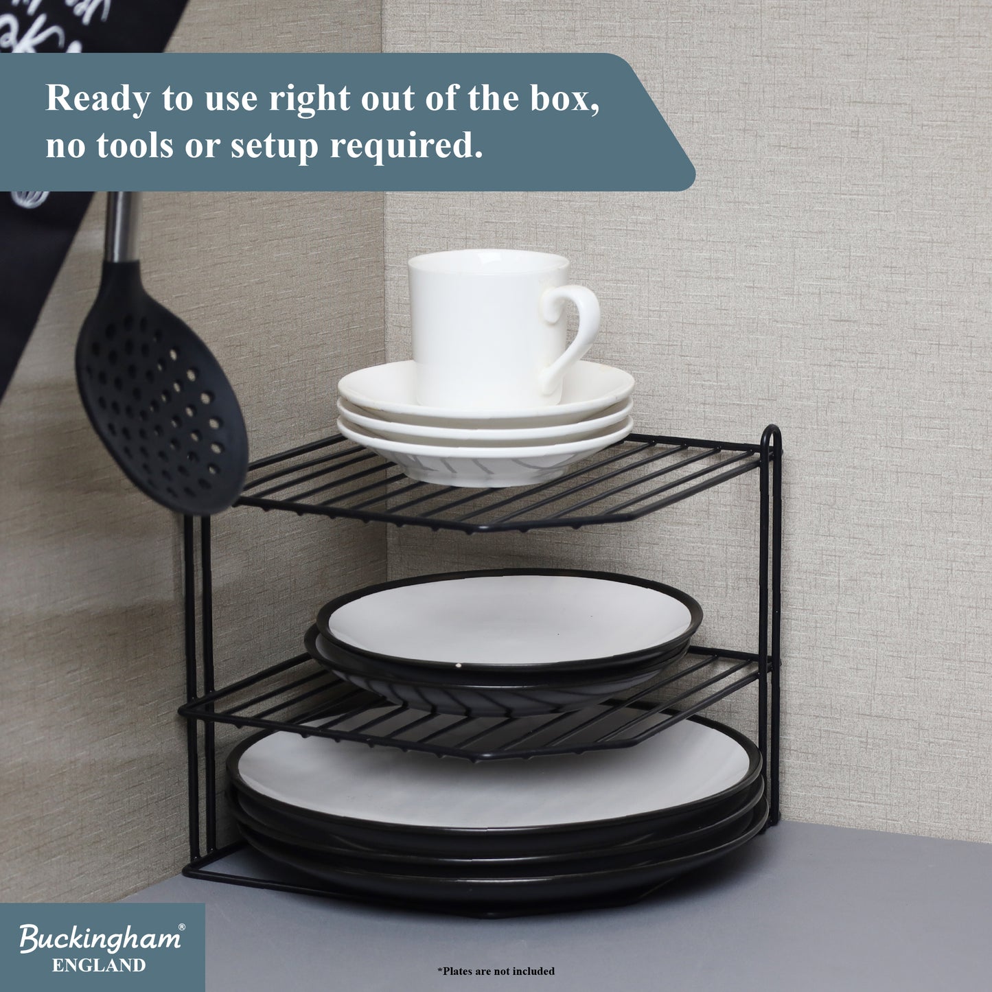 Buckingham 3 Tier Corner Shelf Plate Rack White Chrome and Black 23 cm