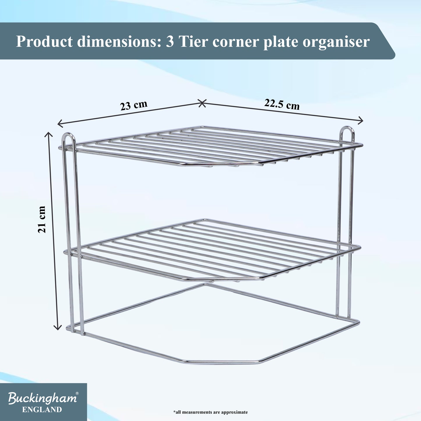 Buckingham 3 Tier Corner Shelf Plate Rack White Chrome and Black 23 cm