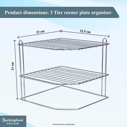 Buckingham 3 Tier Corner Shelf Plate Rack White Chrome and Black 23 cm