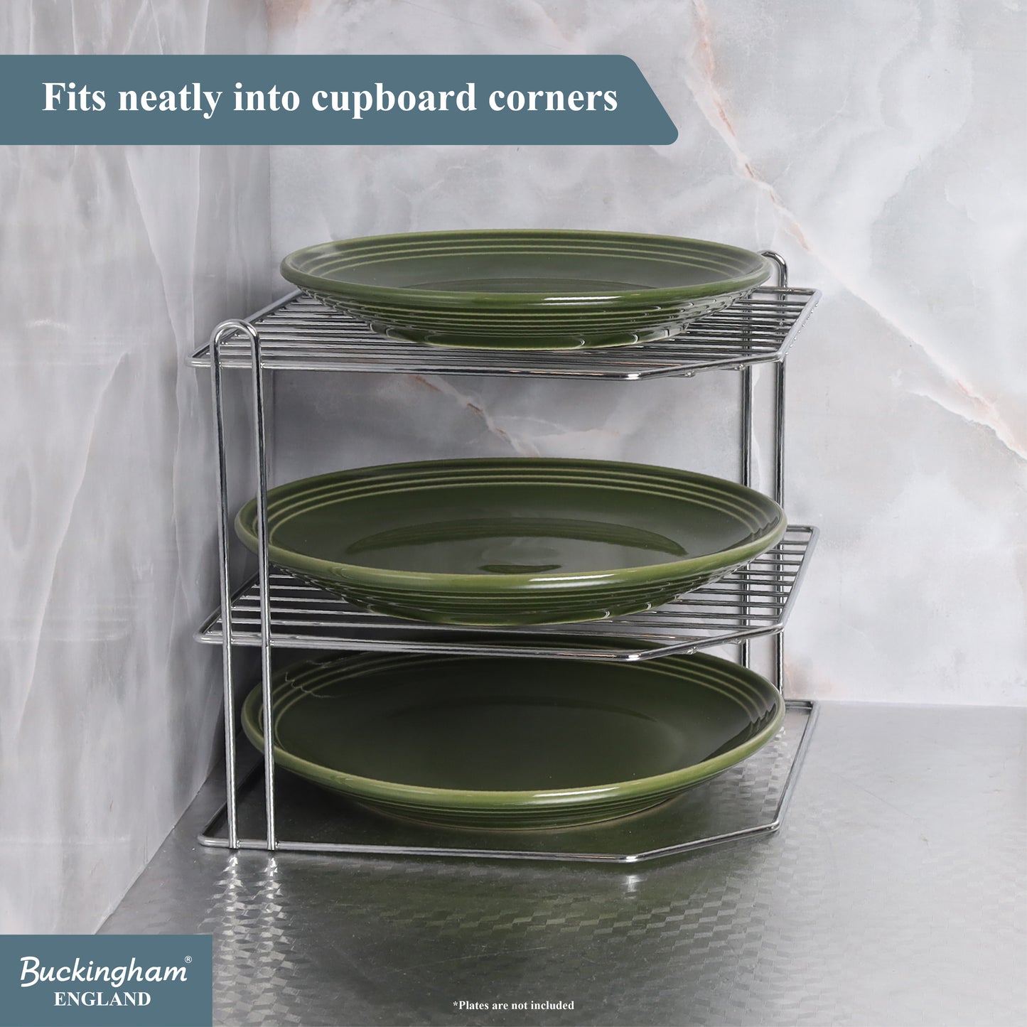 Buckingham 3 Tier Corner Shelf Plate Rack White Chrome and Black 23 cm