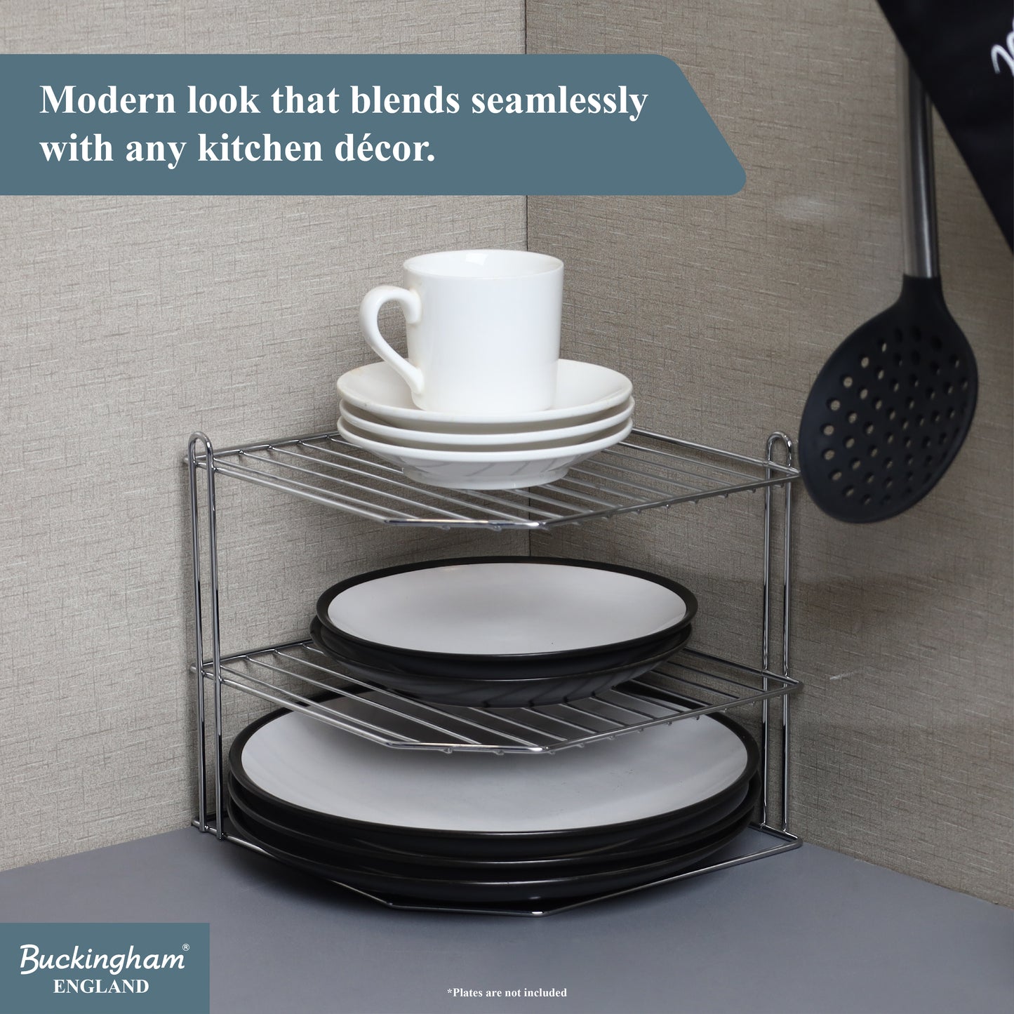 Buckingham 3 Tier Corner Shelf Plate Rack White Chrome and Black 23 cm